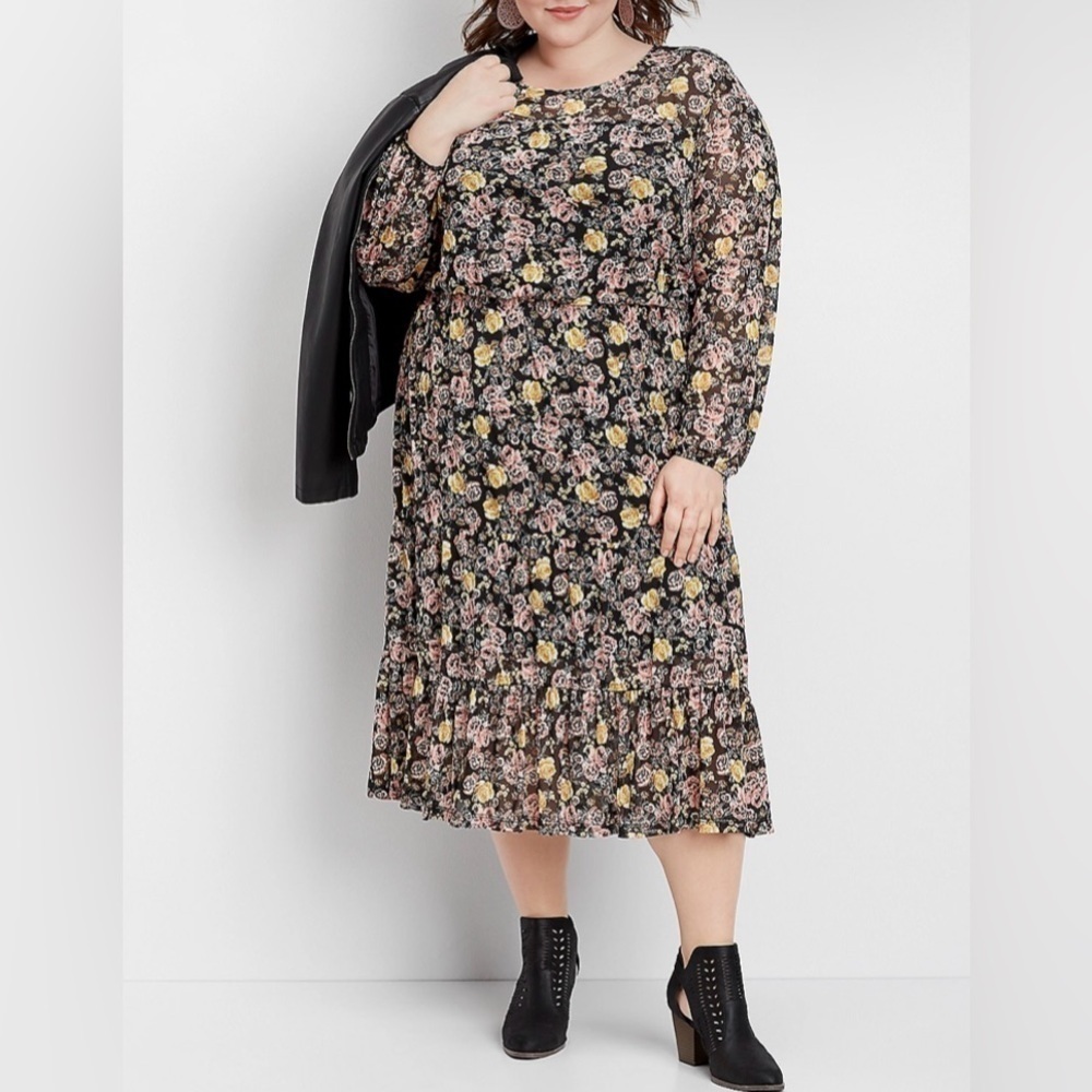 Maurices Plus Size Floral Mesh Midi Dress Tiered Black Multicolor Roses Sz 4X